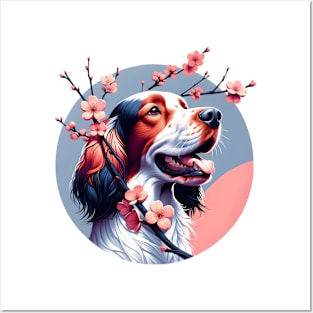 Joyful English Setter with Spring Cherry Blossoms Posters and Art